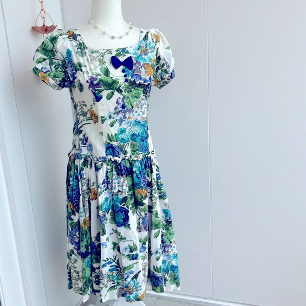 Vintage 80s Blue Floral Print Puff Sleeve Drop Waist Midi Dress Bow Detail